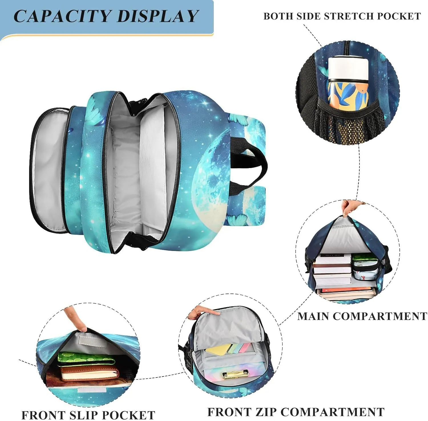 ALAZA Full Moon over Ocean Teal Butterfly02 School Backpacks Travel Laptop Bag Kids Bookbag for Girls Boys Teens Women Men