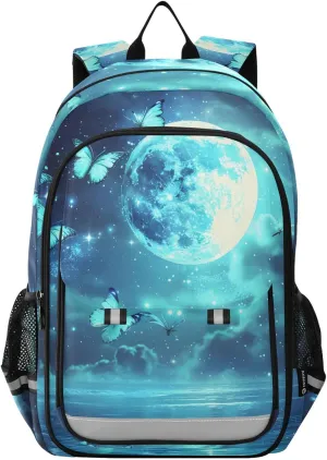 ALAZA Full Moon over Ocean Teal Butterfly02 School Backpacks Travel Laptop Bag Kids Bookbag for Girls Boys Teens Women Men