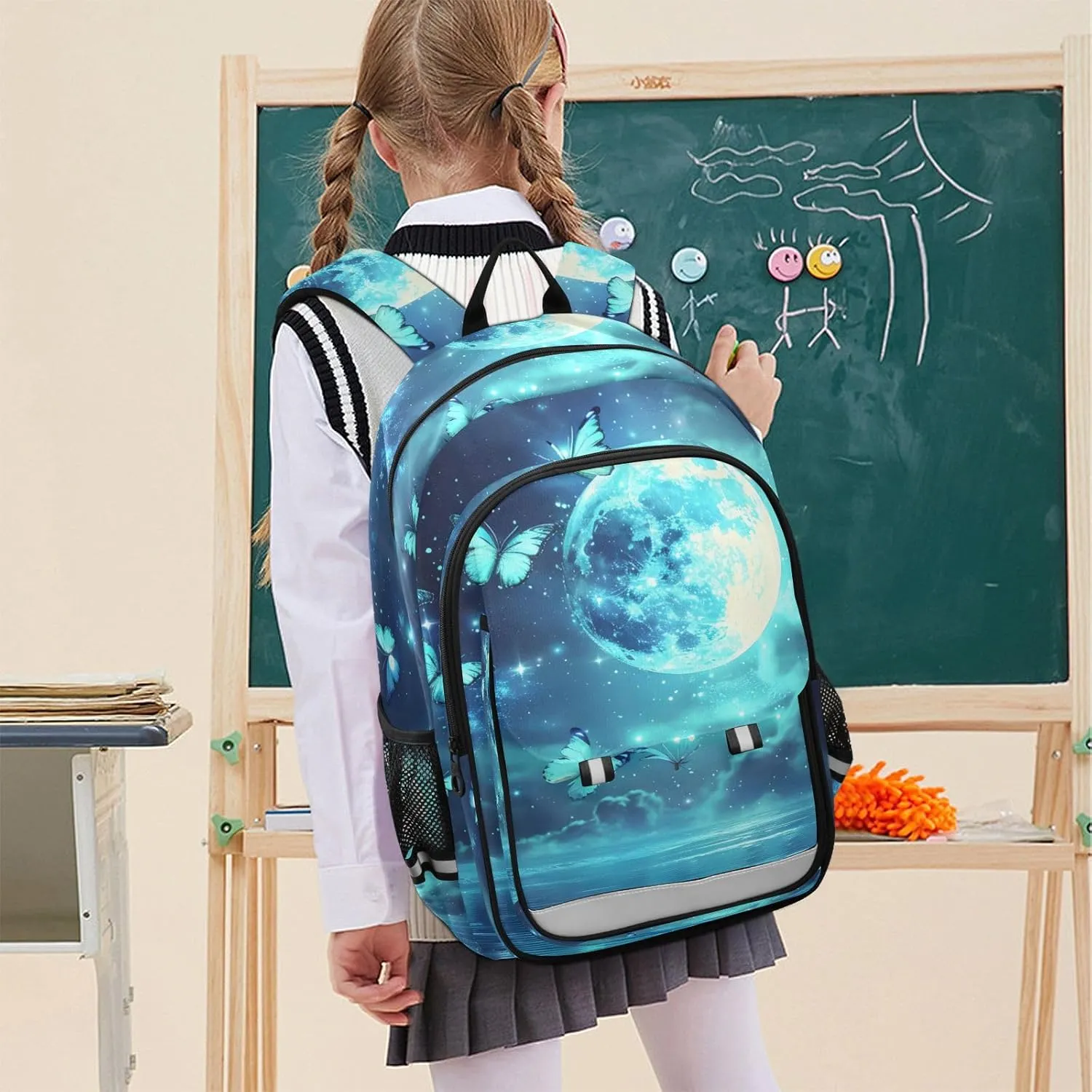 ALAZA Full Moon over Ocean Teal Butterfly02 School Backpacks Travel Laptop Bag Kids Bookbag for Girls Boys Teens Women Men