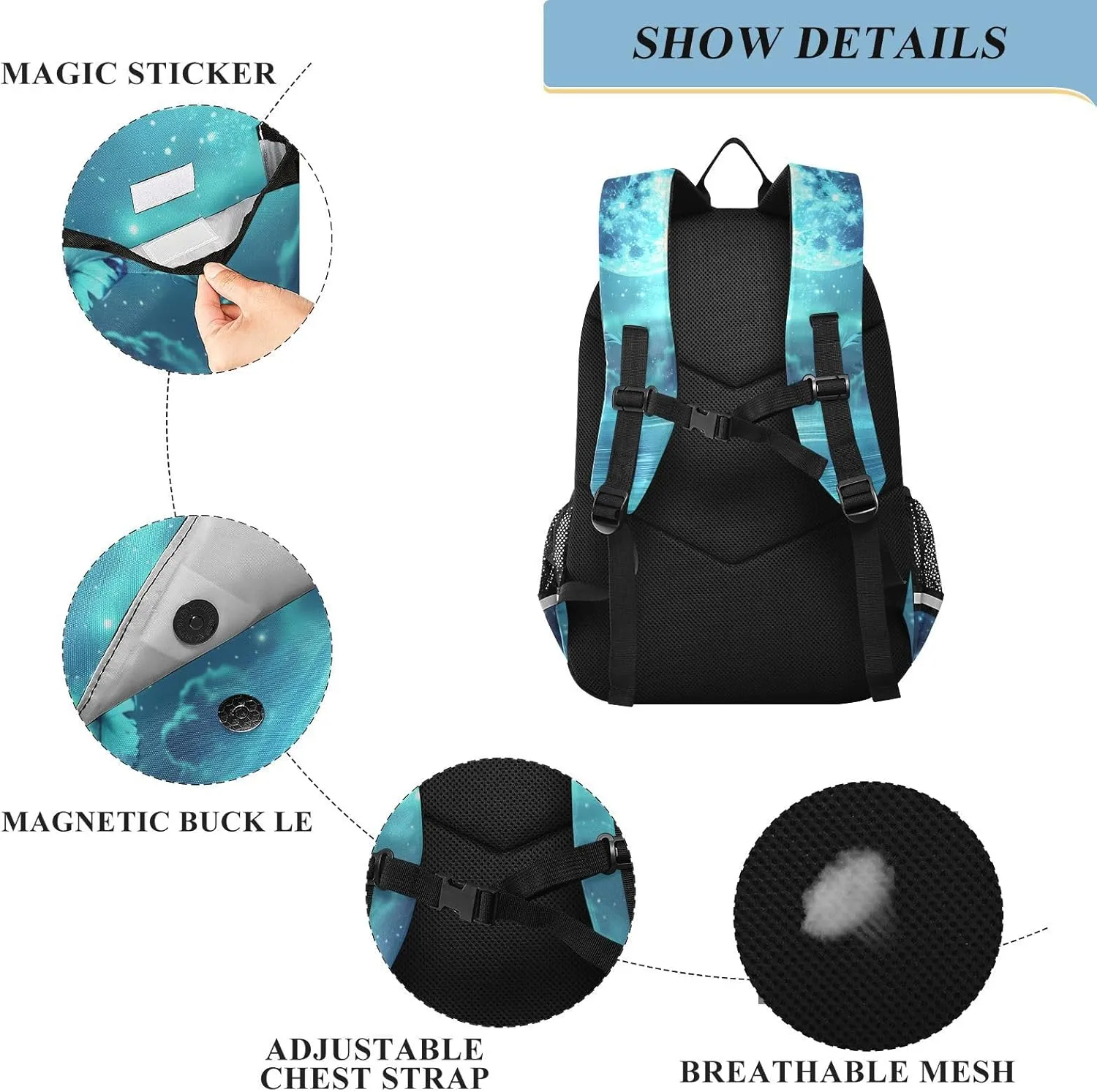ALAZA Full Moon over Ocean Teal Butterfly02 School Backpacks Travel Laptop Bag Kids Bookbag for Girls Boys Teens Women Men