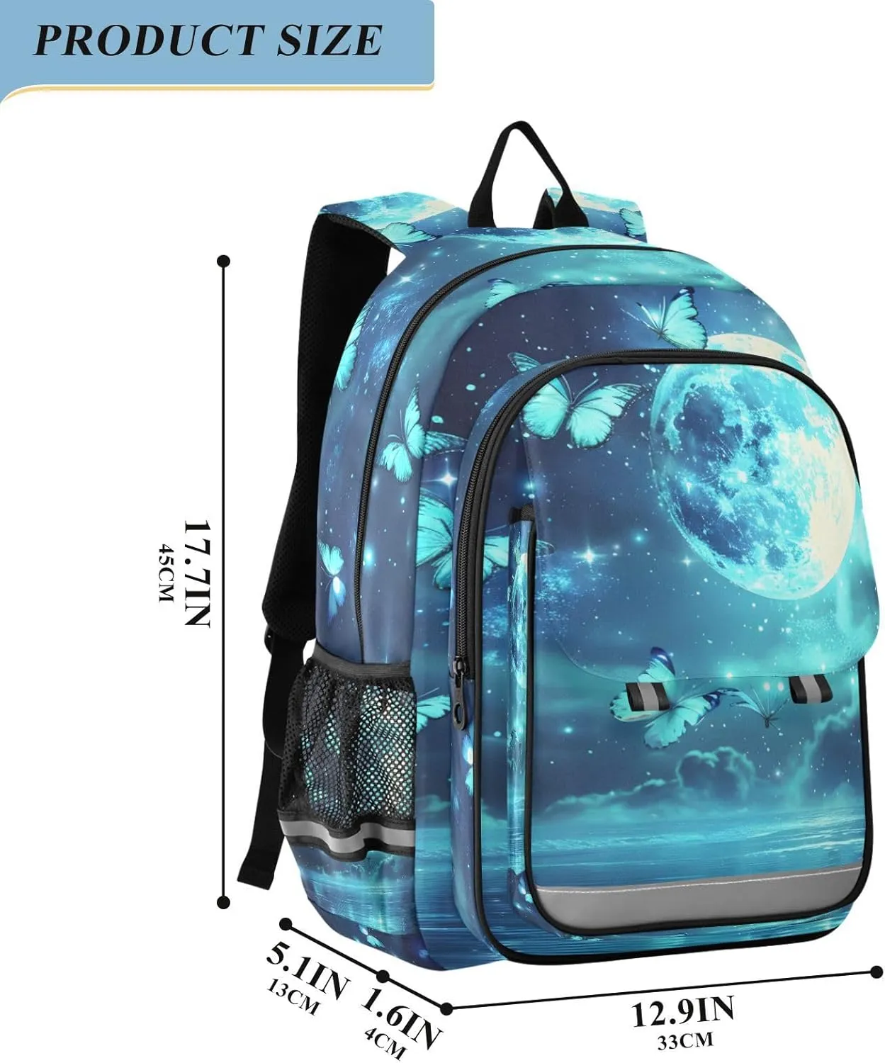 ALAZA Full Moon over Ocean Teal Butterfly02 School Backpacks Travel Laptop Bag Kids Bookbag for Girls Boys Teens Women Men