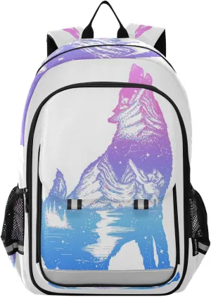 ALAZA Galaxy Wolf Double Exposure Tattoo Art School Backpacks Travel Laptop Bag Kids Bookbag for Girls Boys Teens Women Men