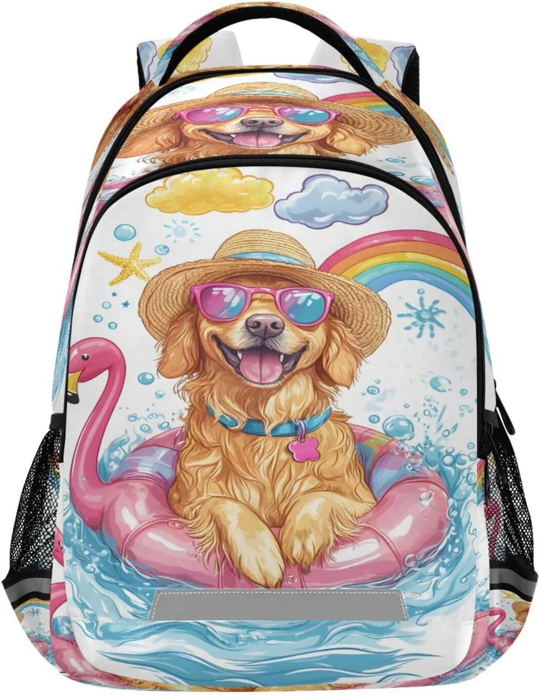 ALAZA Golden Retriever Wearing Hat and Sunglasses Flamingo Swimming Ring Backpacks Travel Laptop Daypack School Book Bag for Men Women Teens Kids