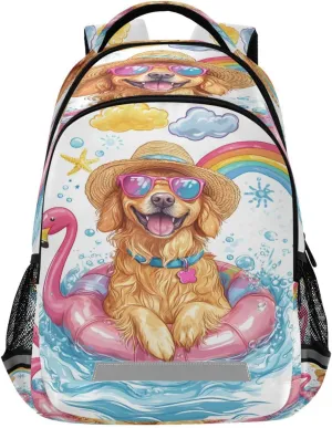 ALAZA Golden Retriever Wearing Hat and Sunglasses Flamingo Swimming Ring Backpacks Travel Laptop Daypack School Book Bag for Men Women Teens Kids