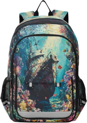 ALAZA Sunken Ship on The Seabed Coral School Backpacks Travel Laptop Bag Kids Bookbag for Girls Boys Teens Women Men