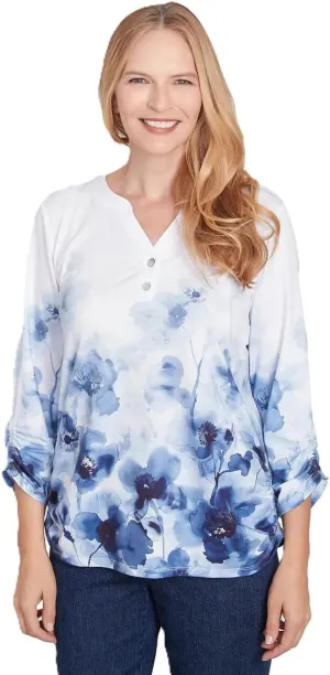 Alfred Dunner Classic Border Floral Polyester Top Navy/White