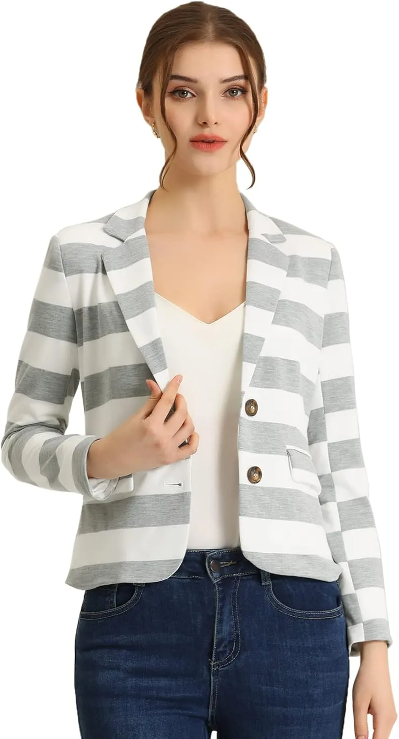 Allegra K Women's Notched Lapel Pocket Button Closure Striped Blazer
