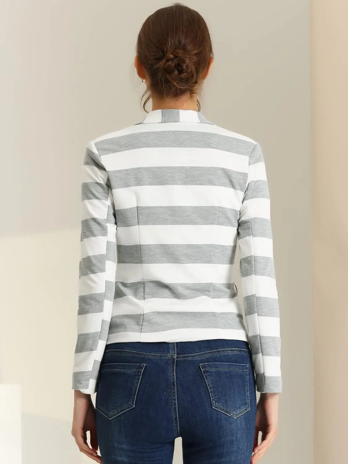 Allegra K Women's Notched Lapel Pocket Button Closure Striped Blazer