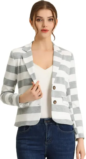 Allegra K Women's Notched Lapel Pocket Button Closure Striped Blazer