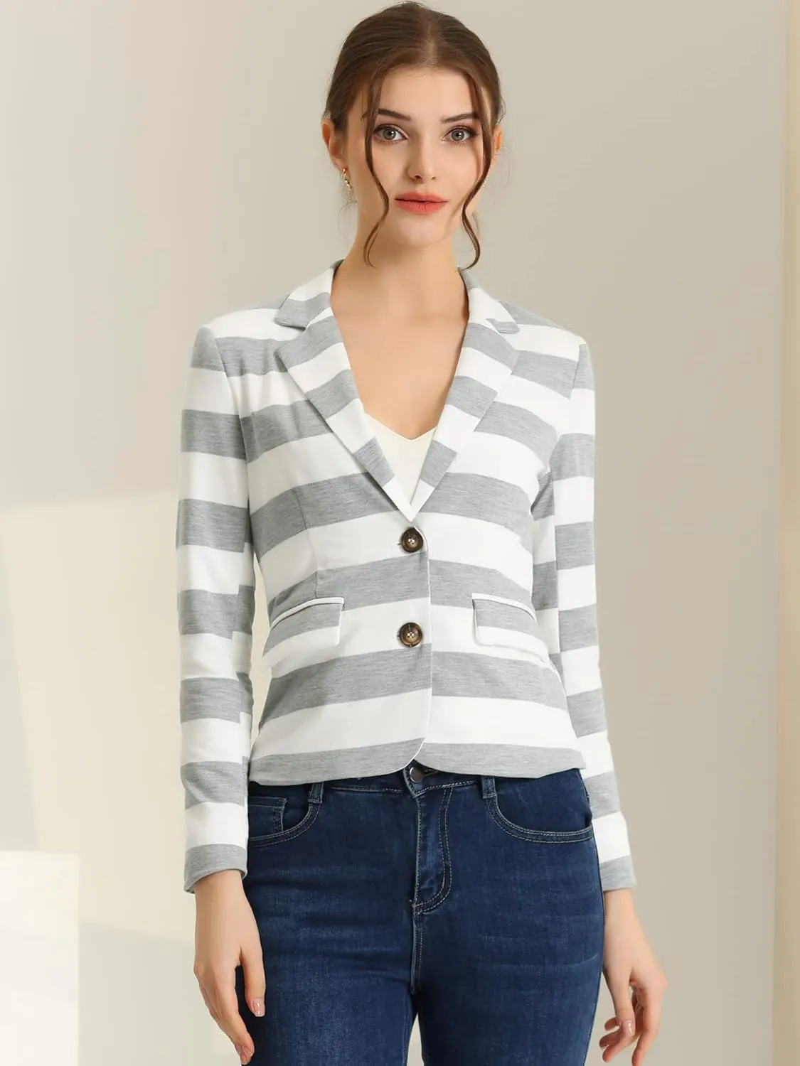 Allegra K Women's Notched Lapel Pocket Button Closure Striped Blazer