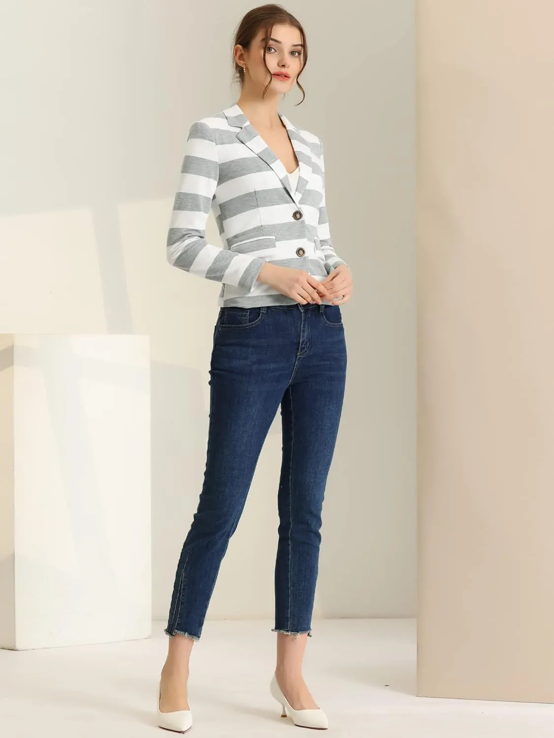 Allegra K Women's Notched Lapel Pocket Button Closure Striped Blazer