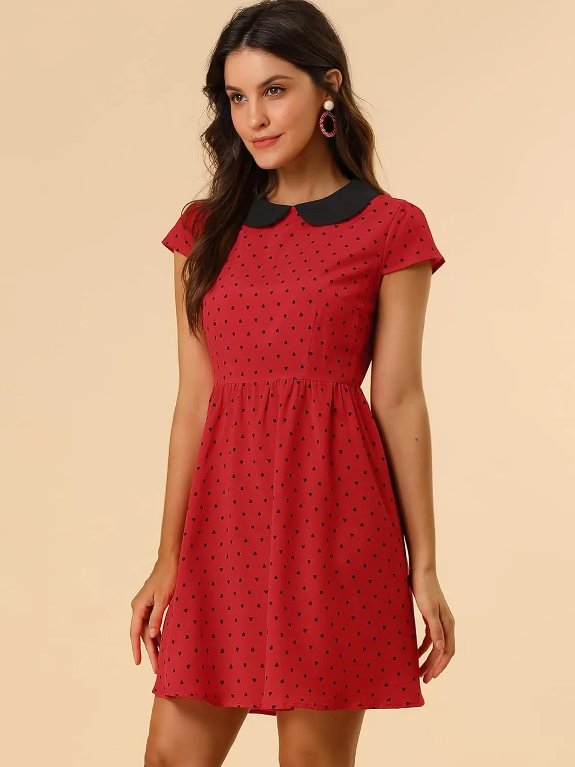 Allegra K Women's Peter Pan Collar Short Sleeves Contrast A-Line Polka Dots Dress