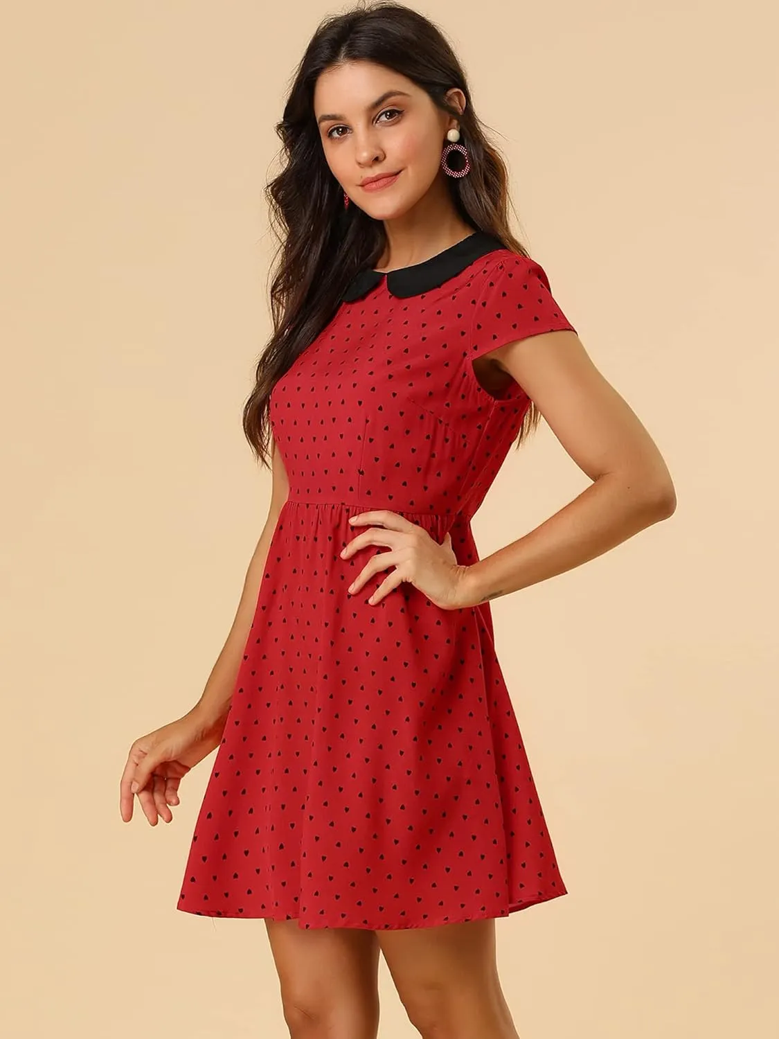 Allegra K Women's Peter Pan Collar Short Sleeves Contrast A-Line Polka Dots Dress