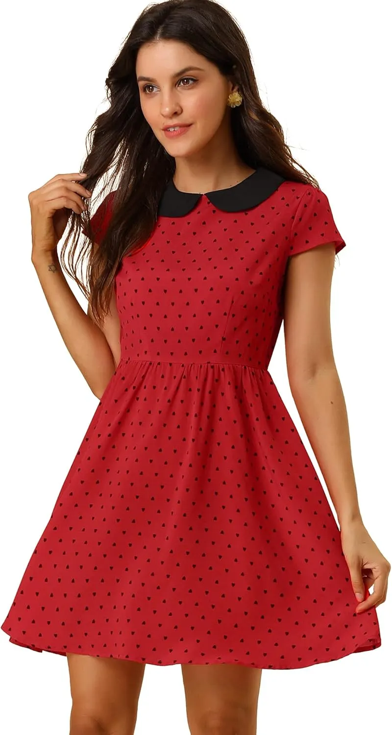 Allegra K Women's Peter Pan Collar Short Sleeves Contrast A-Line Polka Dots Dress
