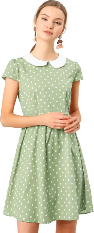 Allegra K Women's Peter Pan Collar Short Sleeves Contrast A-Line Polka Dots Dress