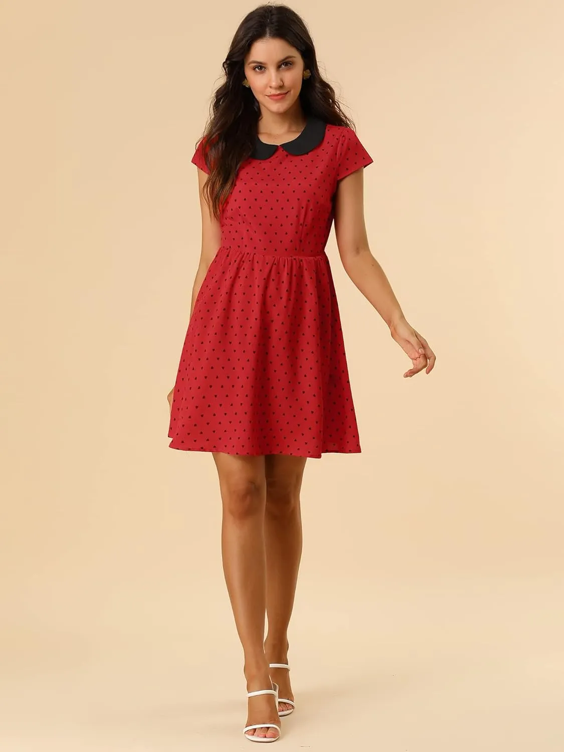 Allegra K Women's Peter Pan Collar Short Sleeves Contrast A-Line Polka Dots Dress