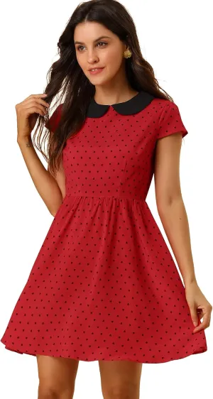 Allegra K Women's Peter Pan Collar Short Sleeves Contrast A-Line Polka Dots Dress