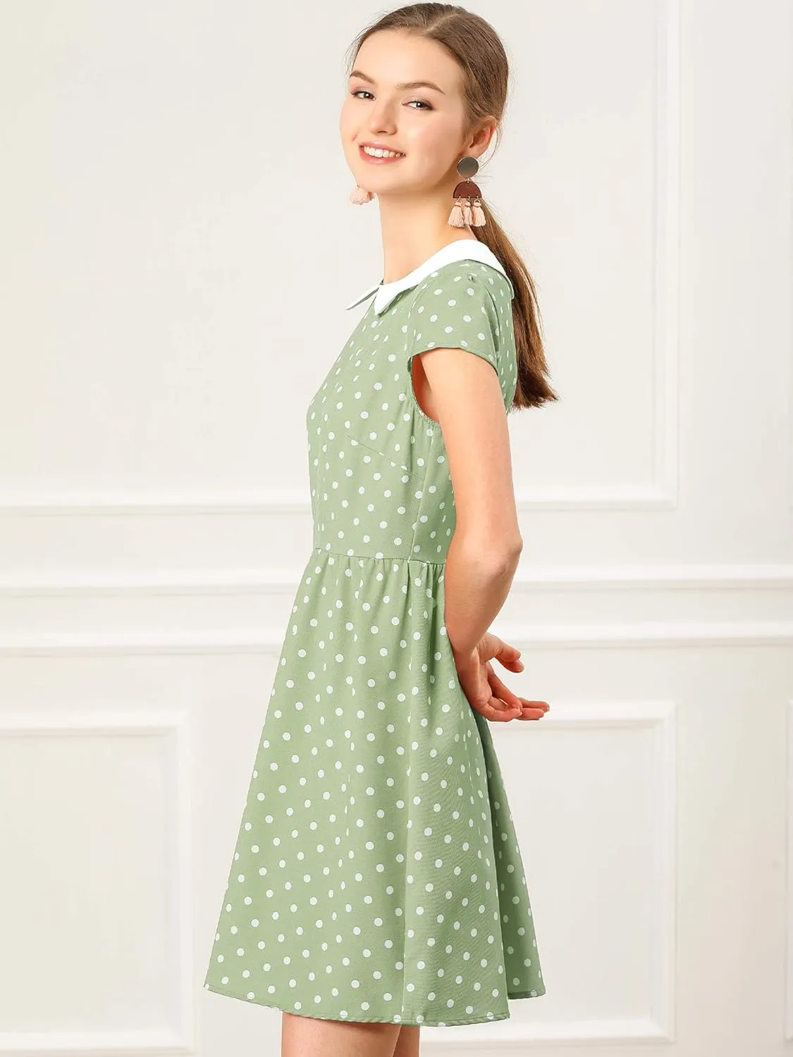 Allegra K Women's Peter Pan Collar Short Sleeves Contrast A-Line Polka Dots Dress