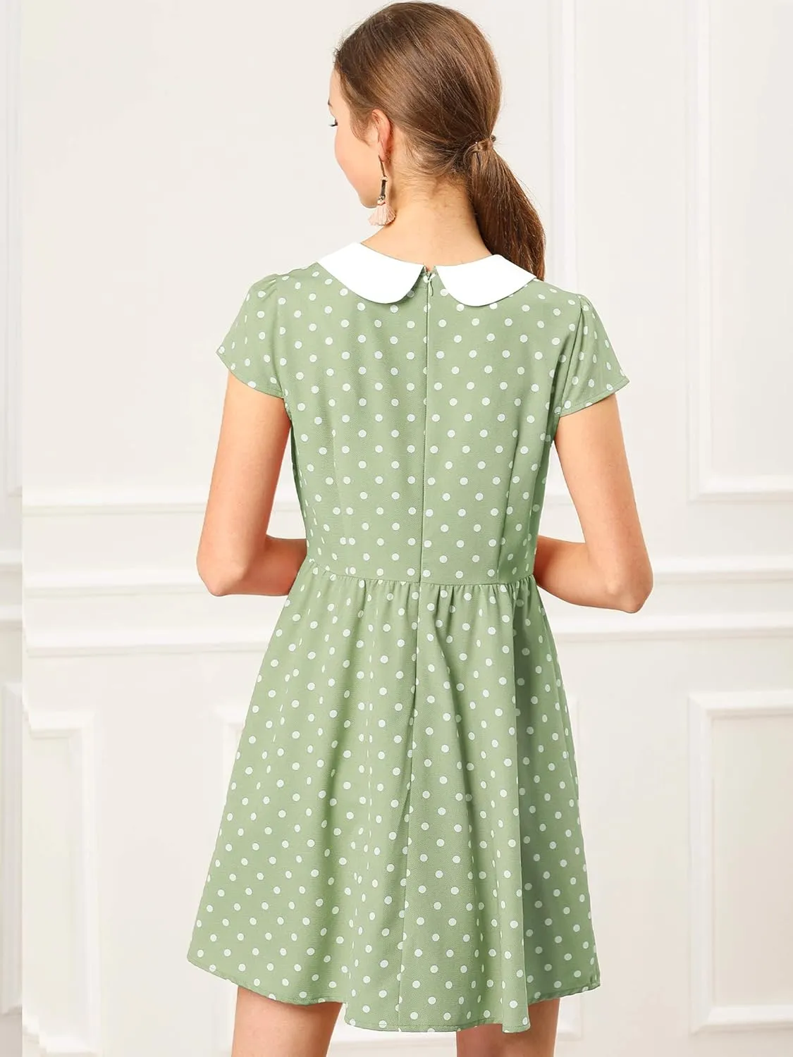 Allegra K Women's Peter Pan Collar Short Sleeves Contrast A-Line Polka Dots Dress