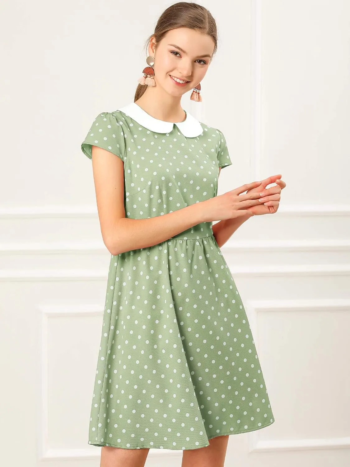 Allegra K Women's Peter Pan Collar Short Sleeves Contrast A-Line Polka Dots Dress