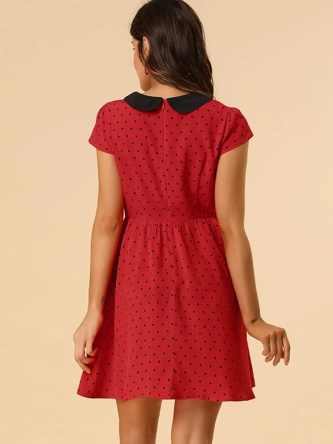 Allegra K Women's Peter Pan Collar Short Sleeves Contrast A-Line Polka Dots Dress