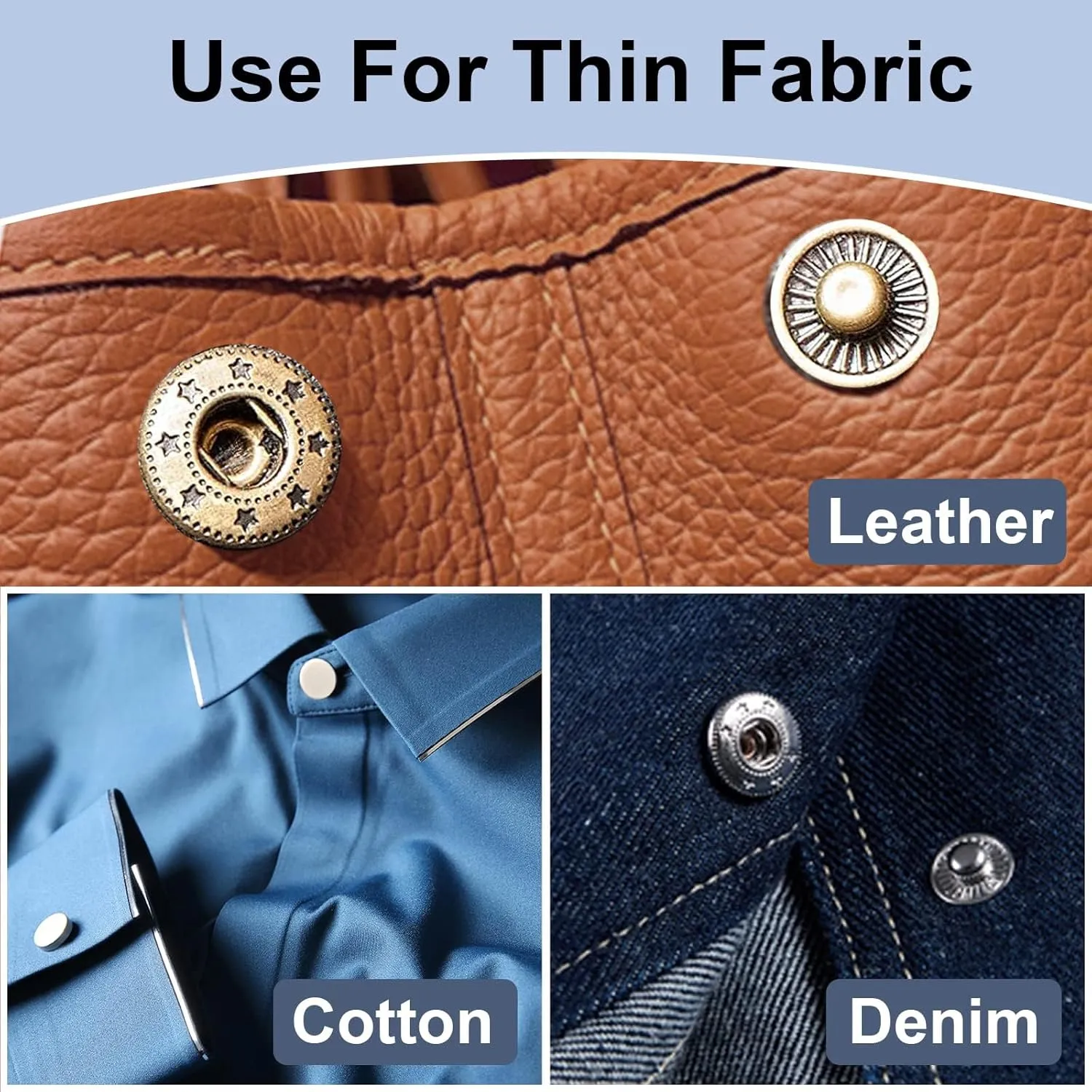 Alritz 15mm Leather Snap Button Kits with Hammer Punch Spacer, 90 Sets Metal Snaps Press Studs with 4 Setter Tools for Thin Clothes, Jackets, Jeans Wears, Bracelets, Bags