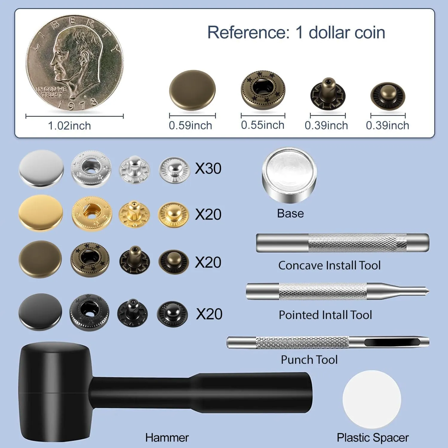 Alritz 15mm Leather Snap Button Kits with Hammer Punch Spacer, 90 Sets Metal Snaps Press Studs with 4 Setter Tools for Thin Clothes, Jackets, Jeans Wears, Bracelets, Bags