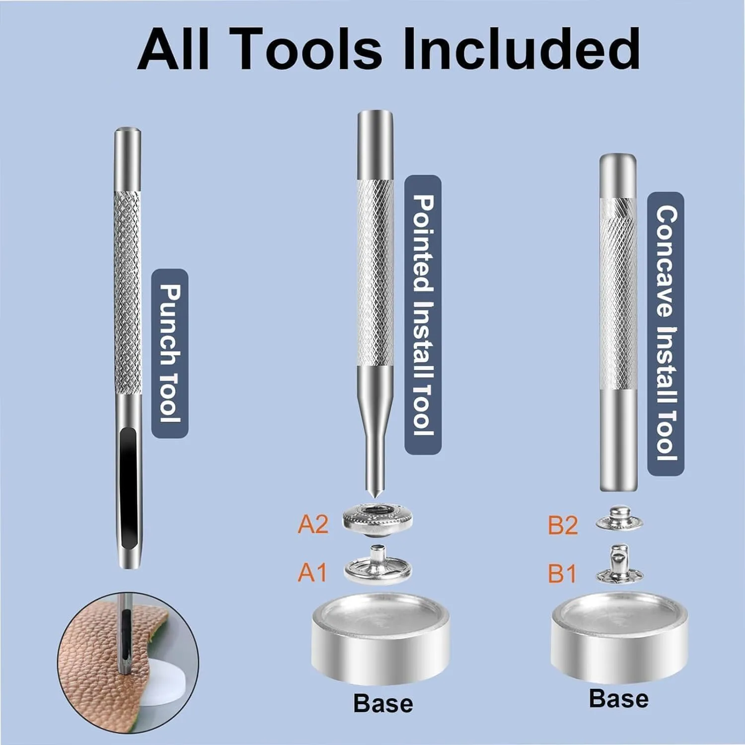 Alritz 15mm Leather Snap Button Kits with Hammer Punch Spacer, 90 Sets Metal Snaps Press Studs with 4 Setter Tools for Thin Clothes, Jackets, Jeans Wears, Bracelets, Bags