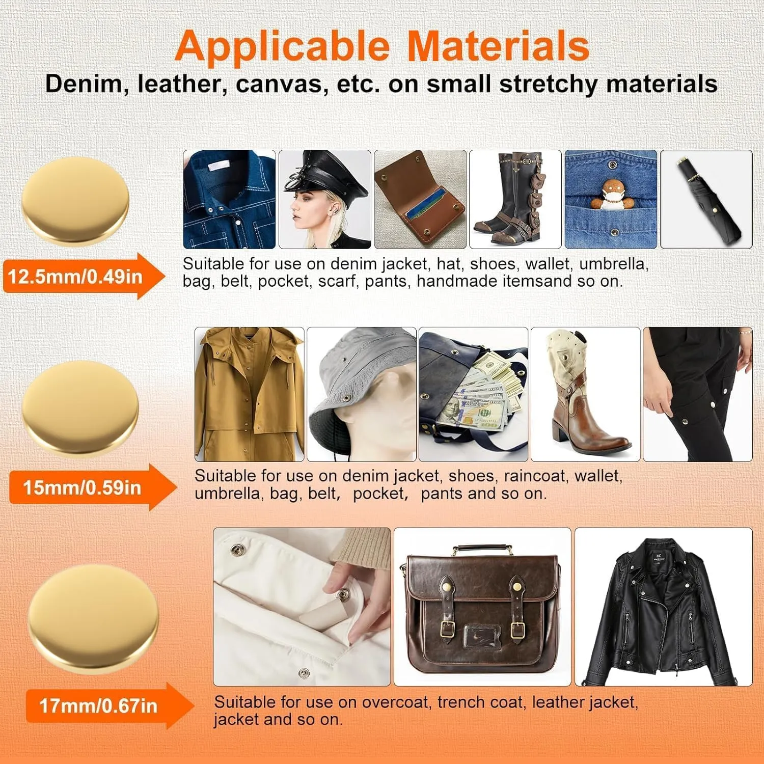 Alritz 15mm Leather Snap Button Kits with Hammer Punch Spacer, 90 Sets Metal Snaps Press Studs with 4 Setter Tools for Thin Clothes, Jackets, Jeans Wears, Bracelets, Bags