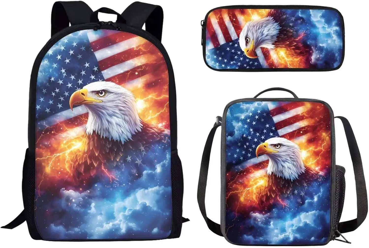 American Flag 3 in 1 School Backpack Teen Boys Kids 3pcs Kids with Lunch Box and Pencil Case for Kids Children Teens Elementary Middle School