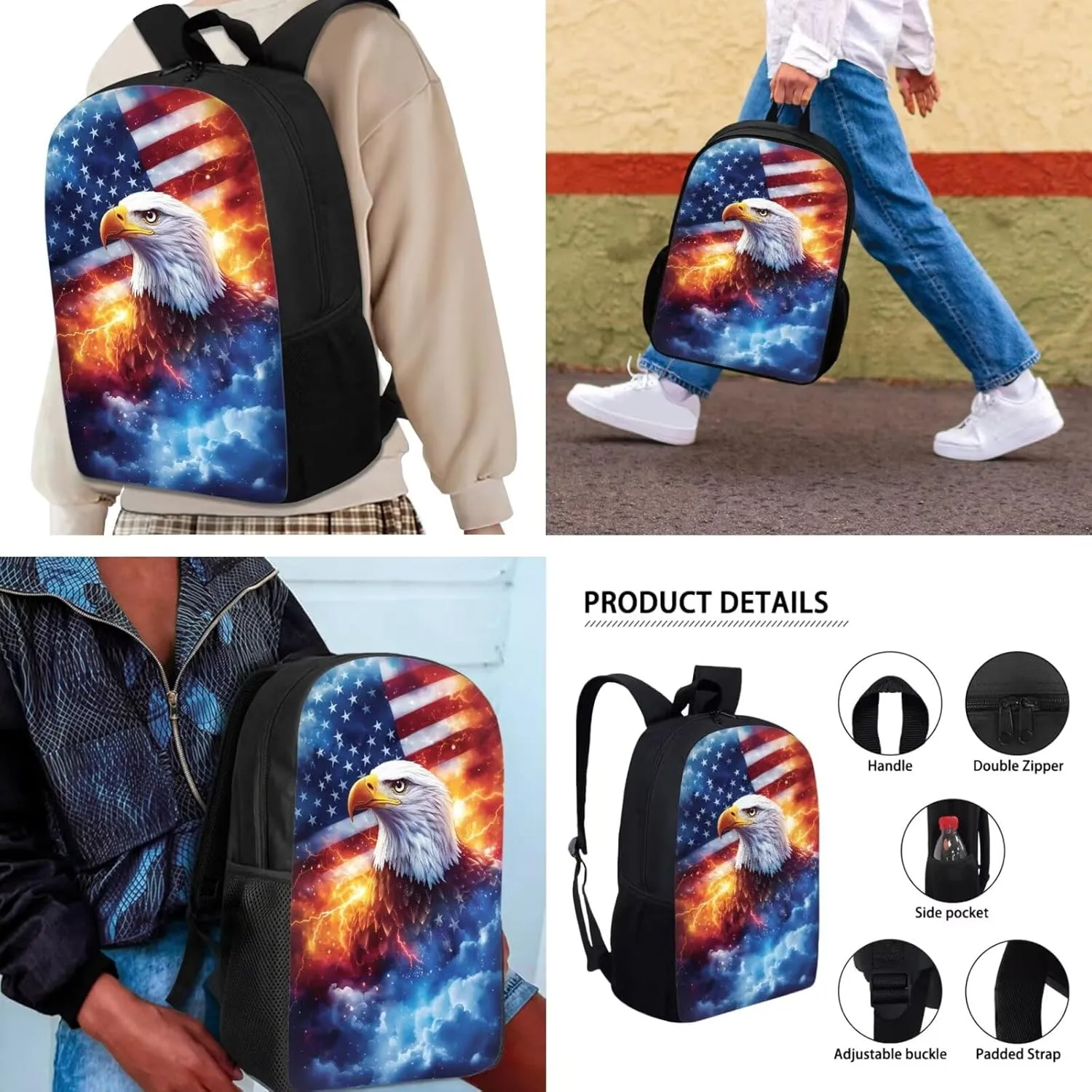 American Flag 3 in 1 School Backpack Teen Boys Kids 3pcs Kids with Lunch Box and Pencil Case for Kids Children Teens Elementary Middle School