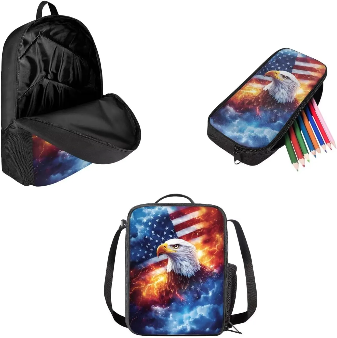 American Flag 3 in 1 School Backpack Teen Boys Kids 3pcs Kids with Lunch Box and Pencil Case for Kids Children Teens Elementary Middle School