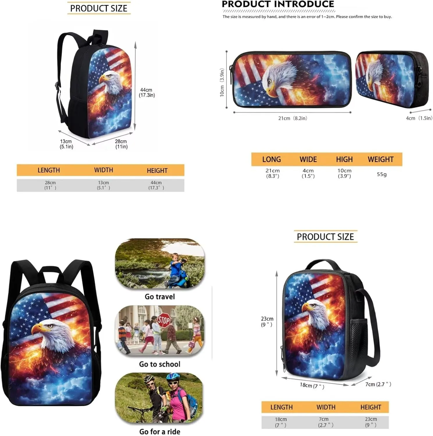 American Flag 3 in 1 School Backpack Teen Boys Kids 3pcs Kids with Lunch Box and Pencil Case for Kids Children Teens Elementary Middle School