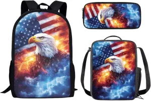 American Flag 3 in 1 School Backpack Teen Boys Kids 3pcs Kids with Lunch Box and Pencil Case for Kids Children Teens Elementary Middle School