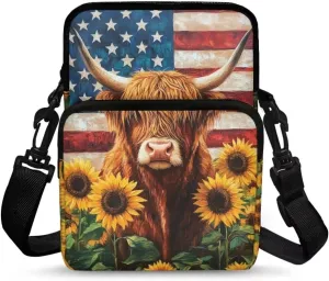 American Flag Cattle Sunflower Print Crossbody Bag with Zipper, Multi-Use Satchel Bags Messenger Bag Key Credit Card Wallet Holder for Women Girls Ladies