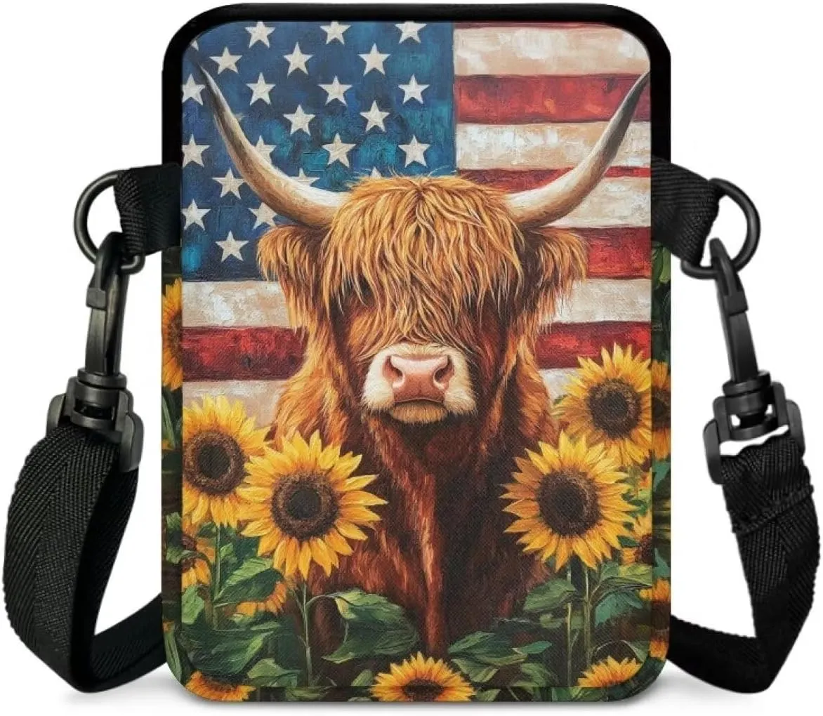 American Flag Cattle Sunflower Print Crossbody Bag with Zipper, Multi-Use Satchel Bags Messenger Bag Key Credit Card Wallet Holder for Women Girls Ladies
