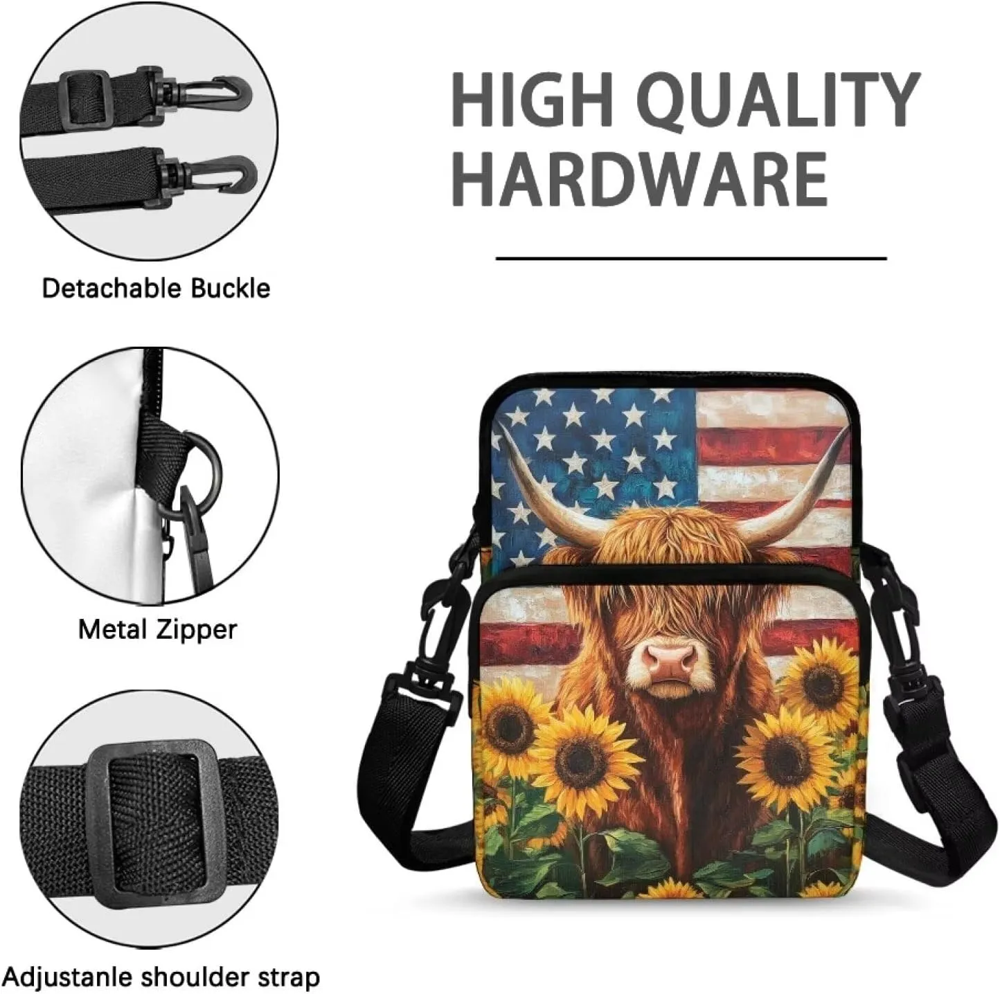 American Flag Cattle Sunflower Print Crossbody Bag with Zipper, Multi-Use Satchel Bags Messenger Bag Key Credit Card Wallet Holder for Women Girls Ladies