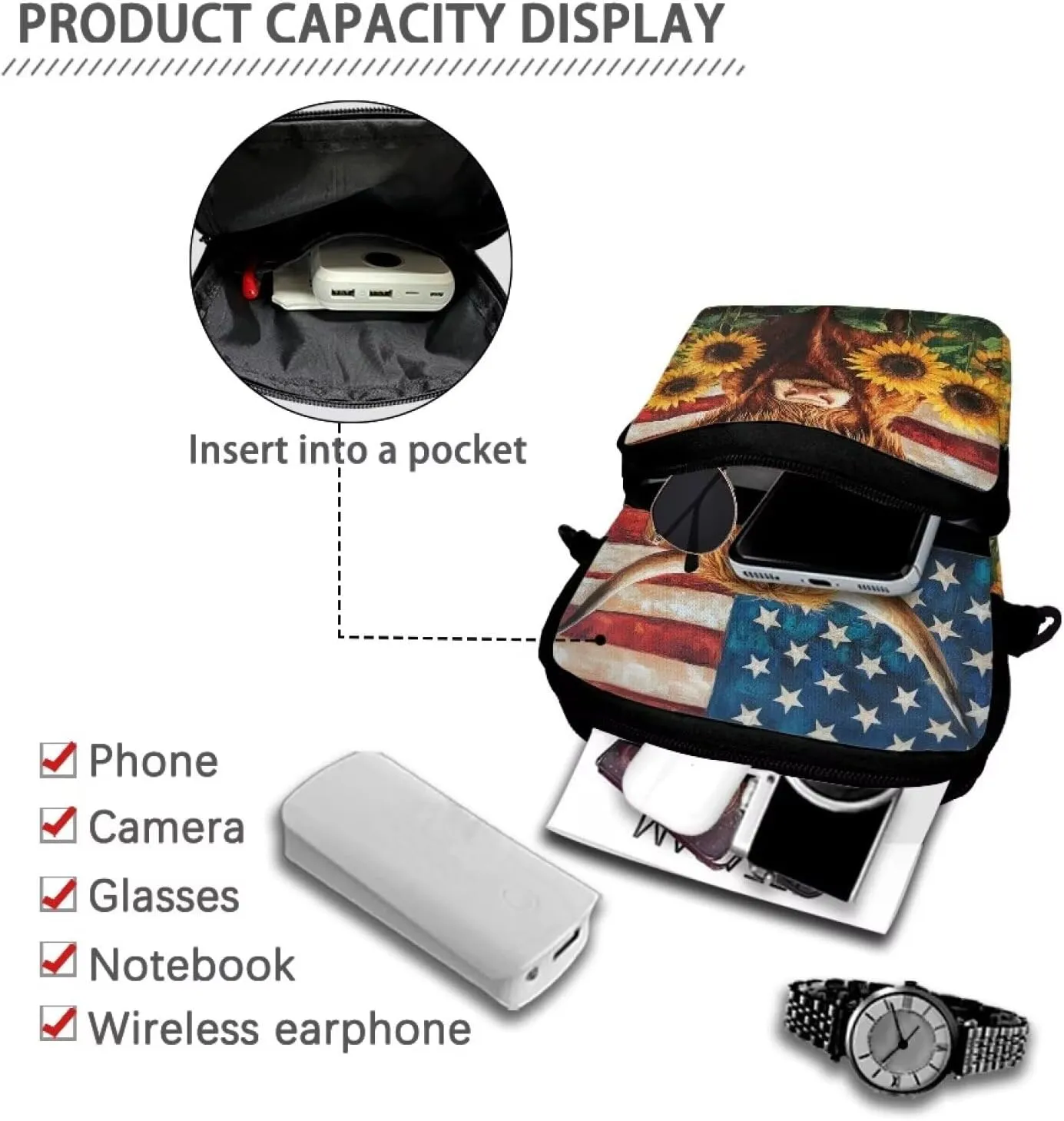 American Flag Cattle Sunflower Print Crossbody Bag with Zipper, Multi-Use Satchel Bags Messenger Bag Key Credit Card Wallet Holder for Women Girls Ladies