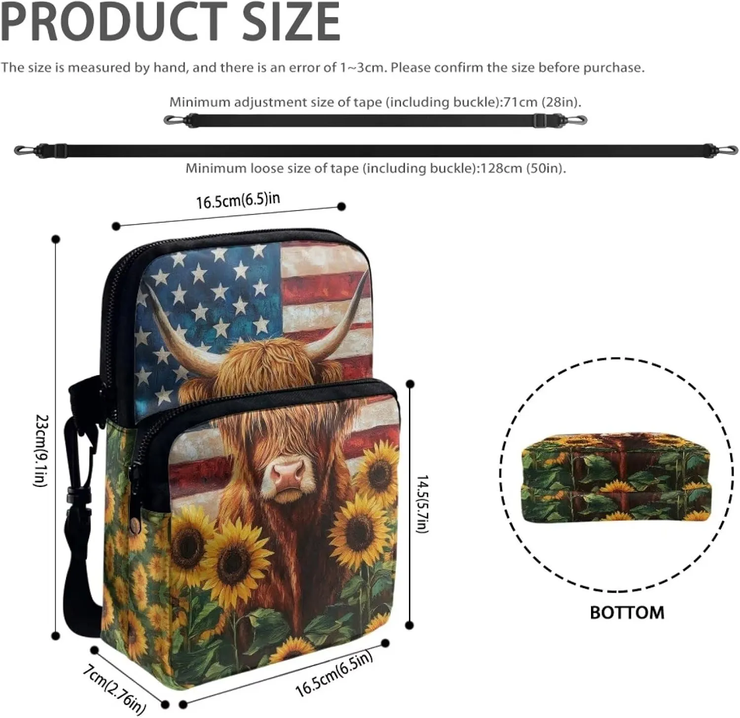 American Flag Cattle Sunflower Print Crossbody Bag with Zipper, Multi-Use Satchel Bags Messenger Bag Key Credit Card Wallet Holder for Women Girls Ladies