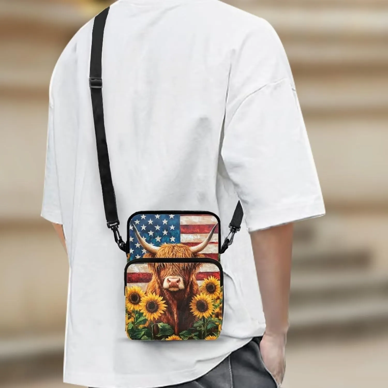 American Flag Cattle Sunflower Print Crossbody Bag with Zipper, Multi-Use Satchel Bags Messenger Bag Key Credit Card Wallet Holder for Women Girls Ladies