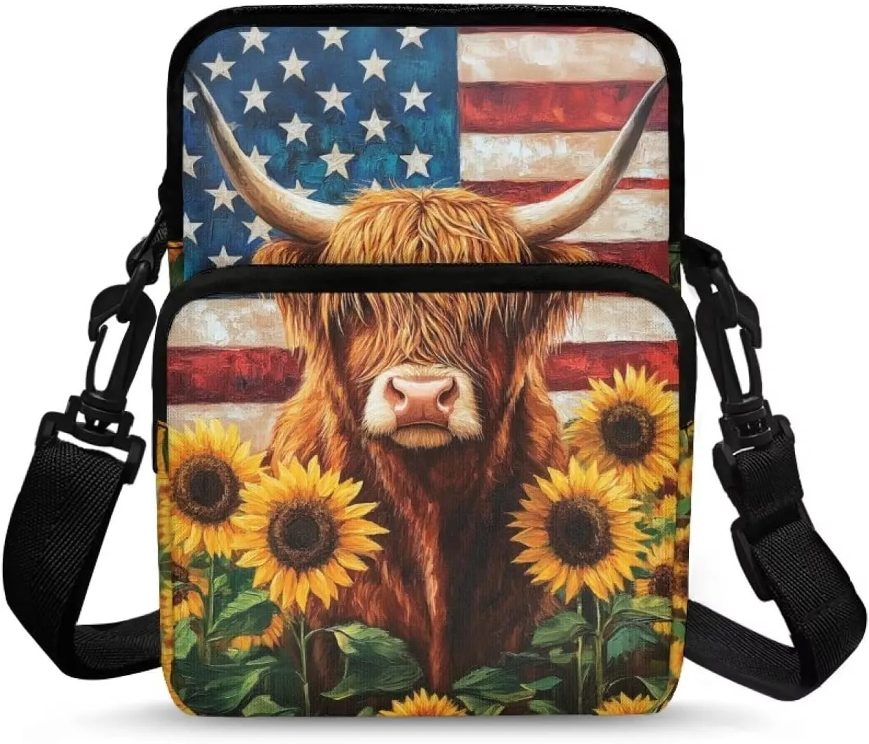 American Flag Cattle Sunflower Print Crossbody Bag with Zipper, Multi-Use Satchel Bags Messenger Bag Key Credit Card Wallet Holder for Women Girls Ladies