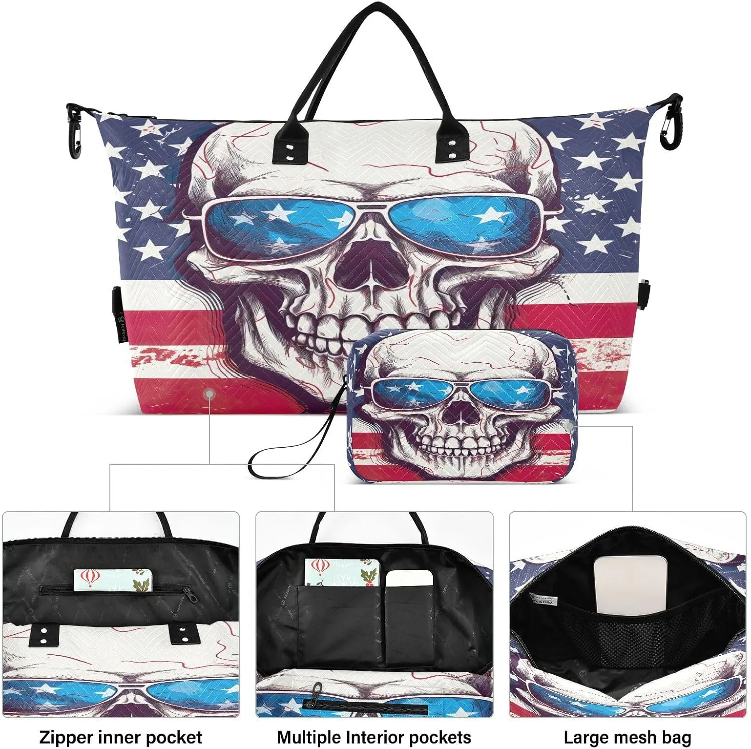American Flag Skull Sunglasses Sports Gym Bag for Women Men Travel Duffel Bag Weekend Overnight Carry on Bag with Toiletry Bag Yoga Bag for Yoga Workout Swimming Hospital Plane