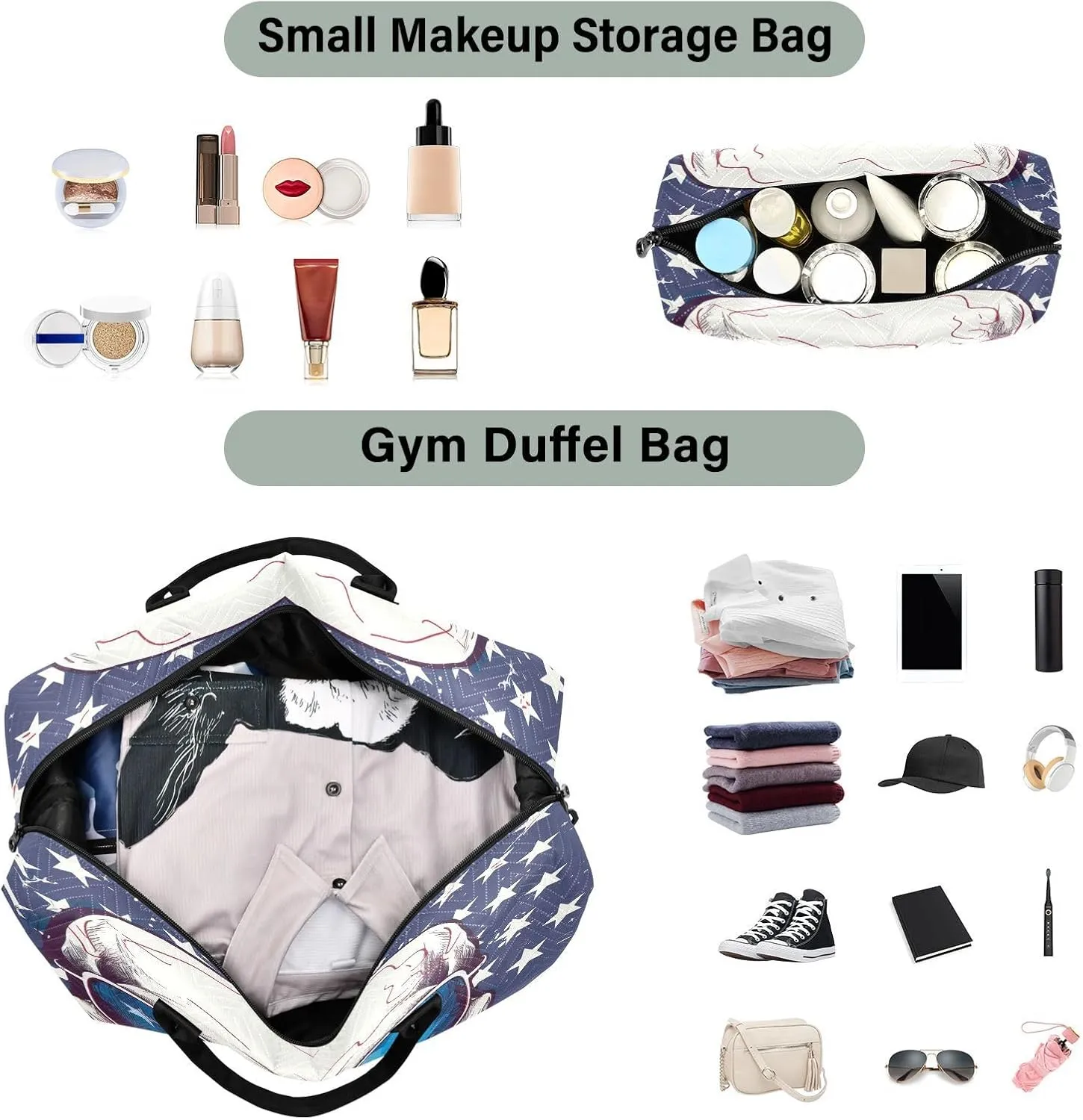 American Flag Skull Sunglasses Sports Gym Bag for Women Men Travel Duffel Bag Weekend Overnight Carry on Bag with Toiletry Bag Yoga Bag for Yoga Workout Swimming Hospital Plane