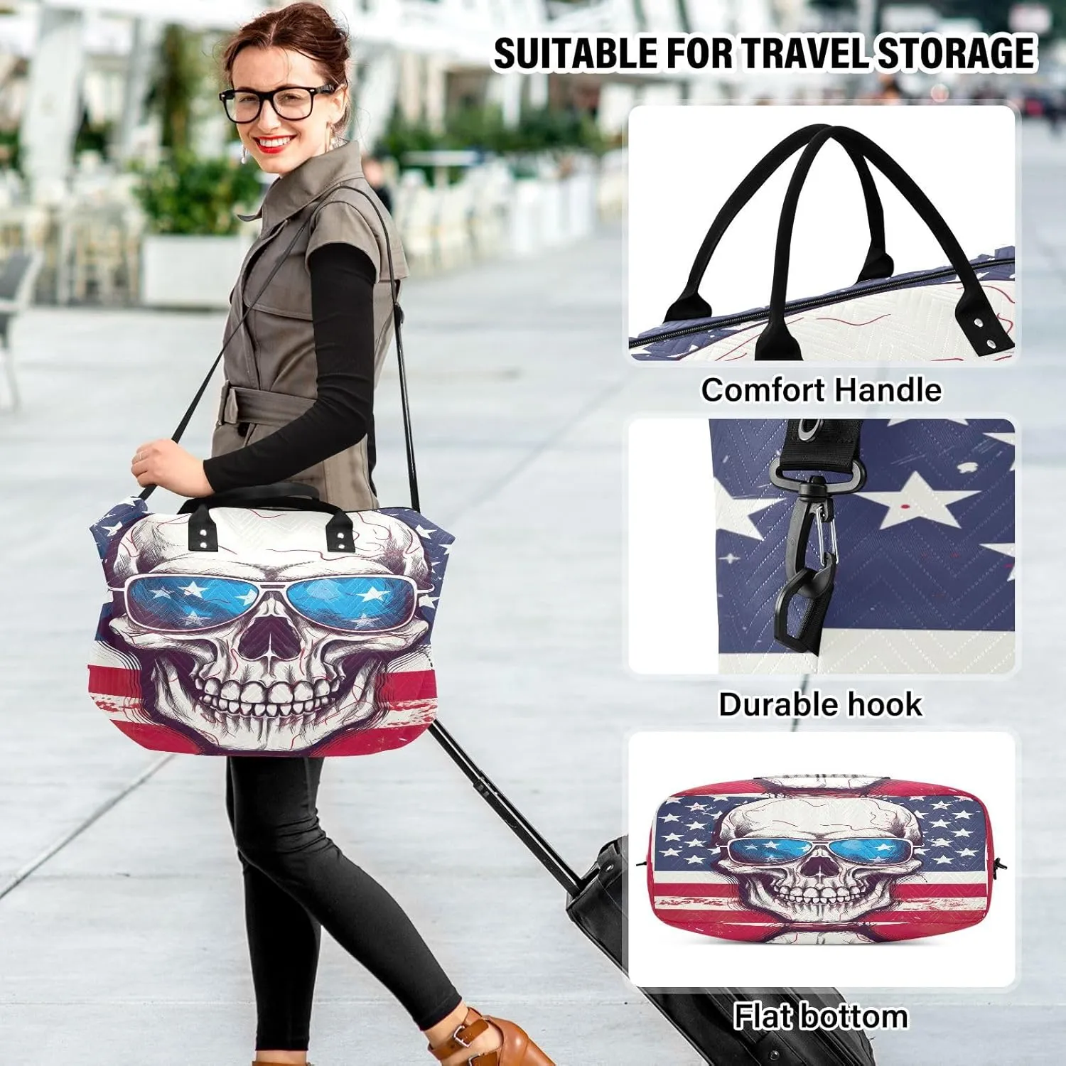 American Flag Skull Sunglasses Sports Gym Bag for Women Men Travel Duffel Bag Weekend Overnight Carry on Bag with Toiletry Bag Yoga Bag for Yoga Workout Swimming Hospital Plane