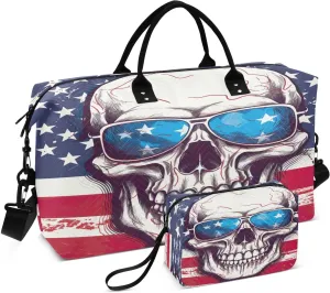 American Flag Skull Sunglasses Sports Gym Bag for Women Men Travel Duffel Bag Weekend Overnight Carry on Bag with Toiletry Bag Yoga Bag for Yoga Workout Swimming Hospital Plane