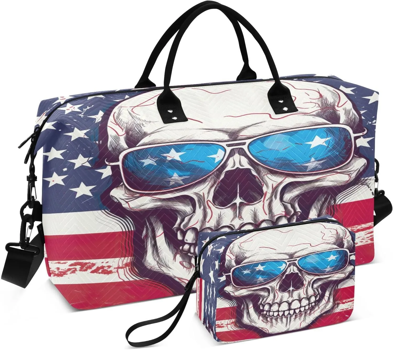 American Flag Skull Sunglasses Sports Gym Bag for Women Men Travel Duffel Bag Weekend Overnight Carry on Bag with Toiletry Bag Yoga Bag for Yoga Workout Swimming Hospital Plane