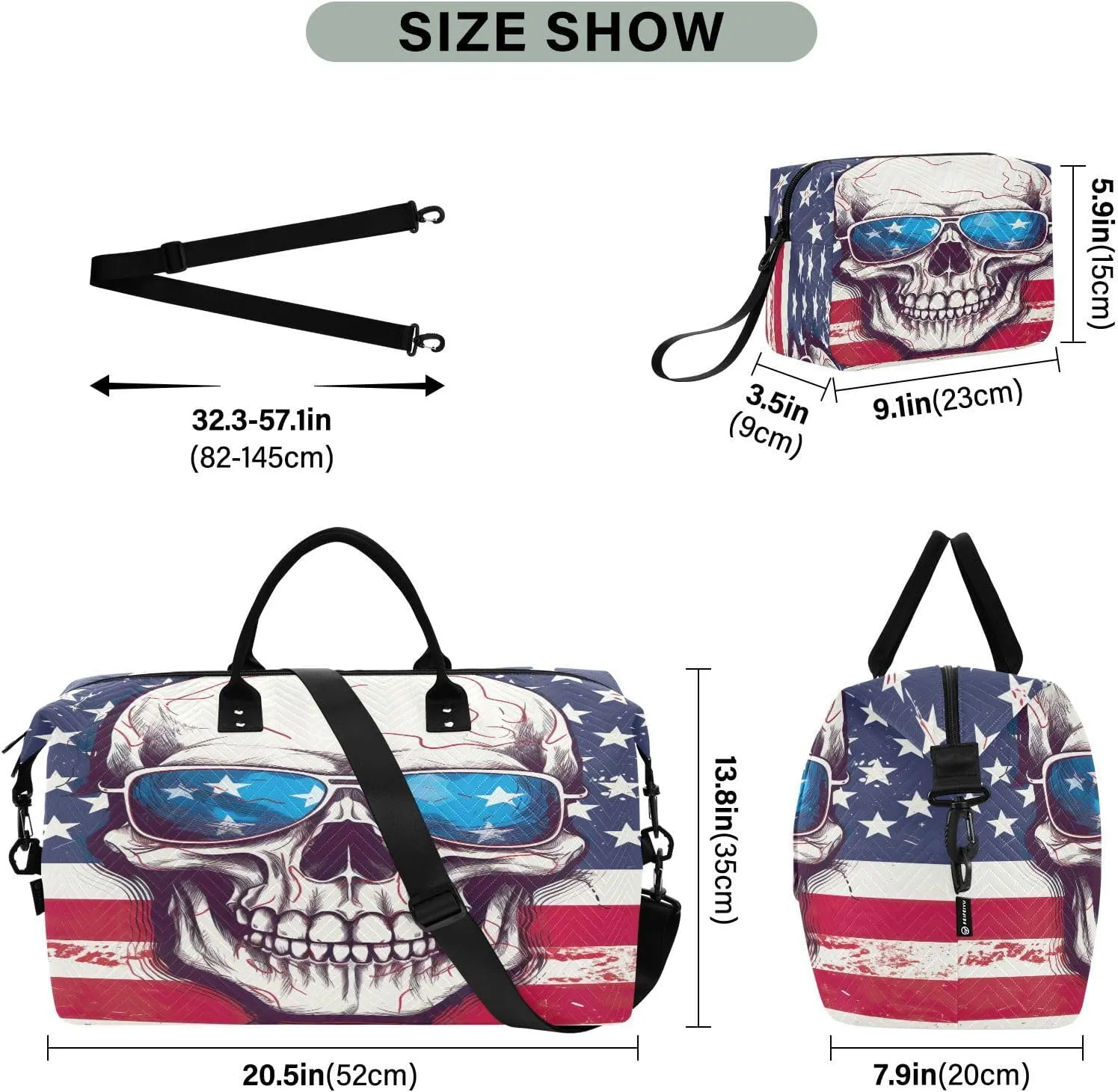 American Flag Skull Sunglasses Sports Gym Bag for Women Men Travel Duffel Bag Weekend Overnight Carry on Bag with Toiletry Bag Yoga Bag for Yoga Workout Swimming Hospital Plane