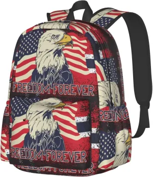 American Independence Day American Flag Eagle Freedom Forever Casual Backpacks Large Travel Backpack Laptop Rucksack Sports Daypack Adjustable Strap Bag for Camping Hiking