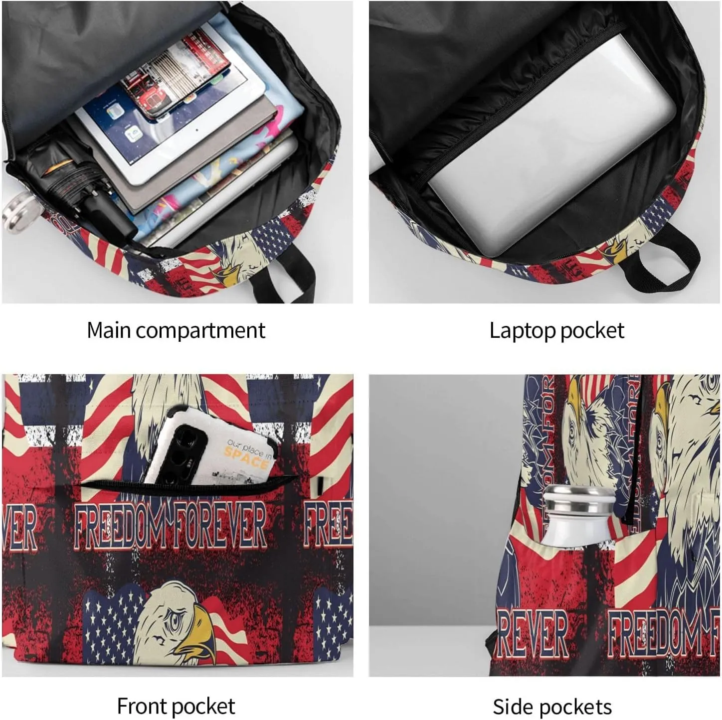 American Independence Day American Flag Eagle Freedom Forever Casual Backpacks Large Travel Backpack Laptop Rucksack Sports Daypack Adjustable Strap Bag for Camping Hiking