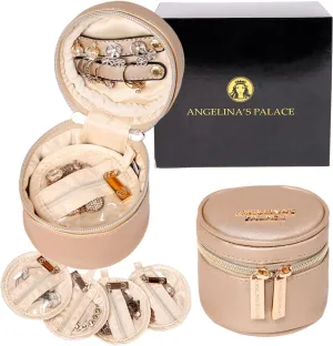 Angelina's Palace Round Jewelry Organizer Case Travel Bag Bridesmaid Gifts Vegan Leather Box for Necklace Earring Bracelet Ring(champagne)